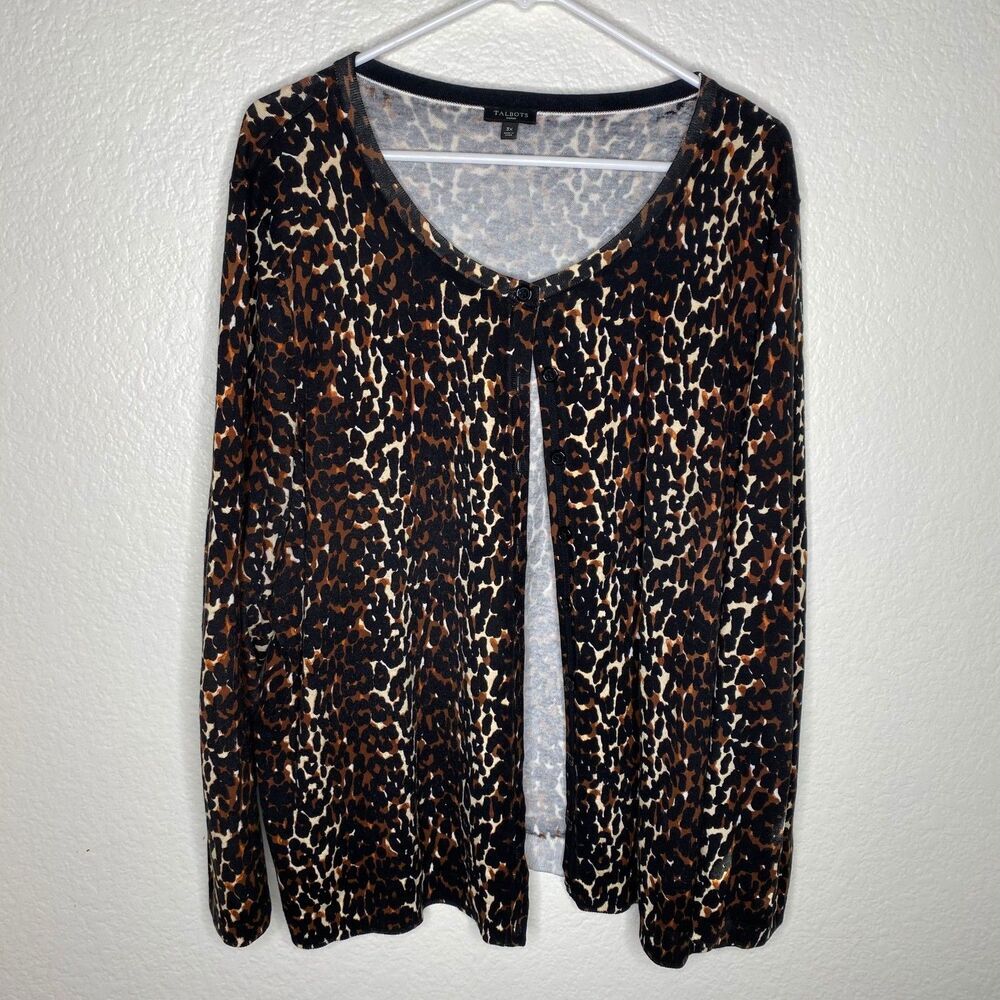 Talbots womens button up cardagain cheetah stretch preppy old money office 3X
